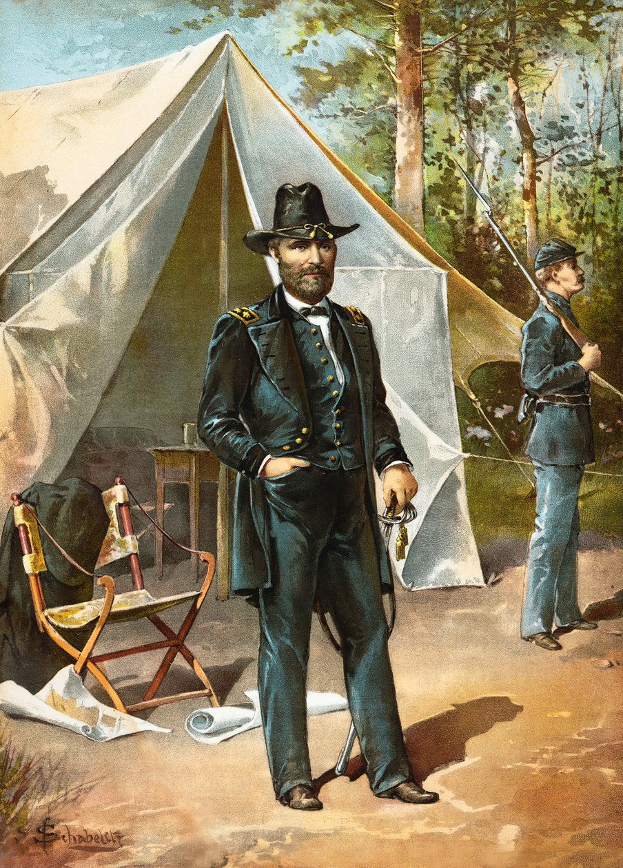 General Ulysses S Grant står framför sitt tält under det amerikanska inbördeskriget, pub. 1892 av American School