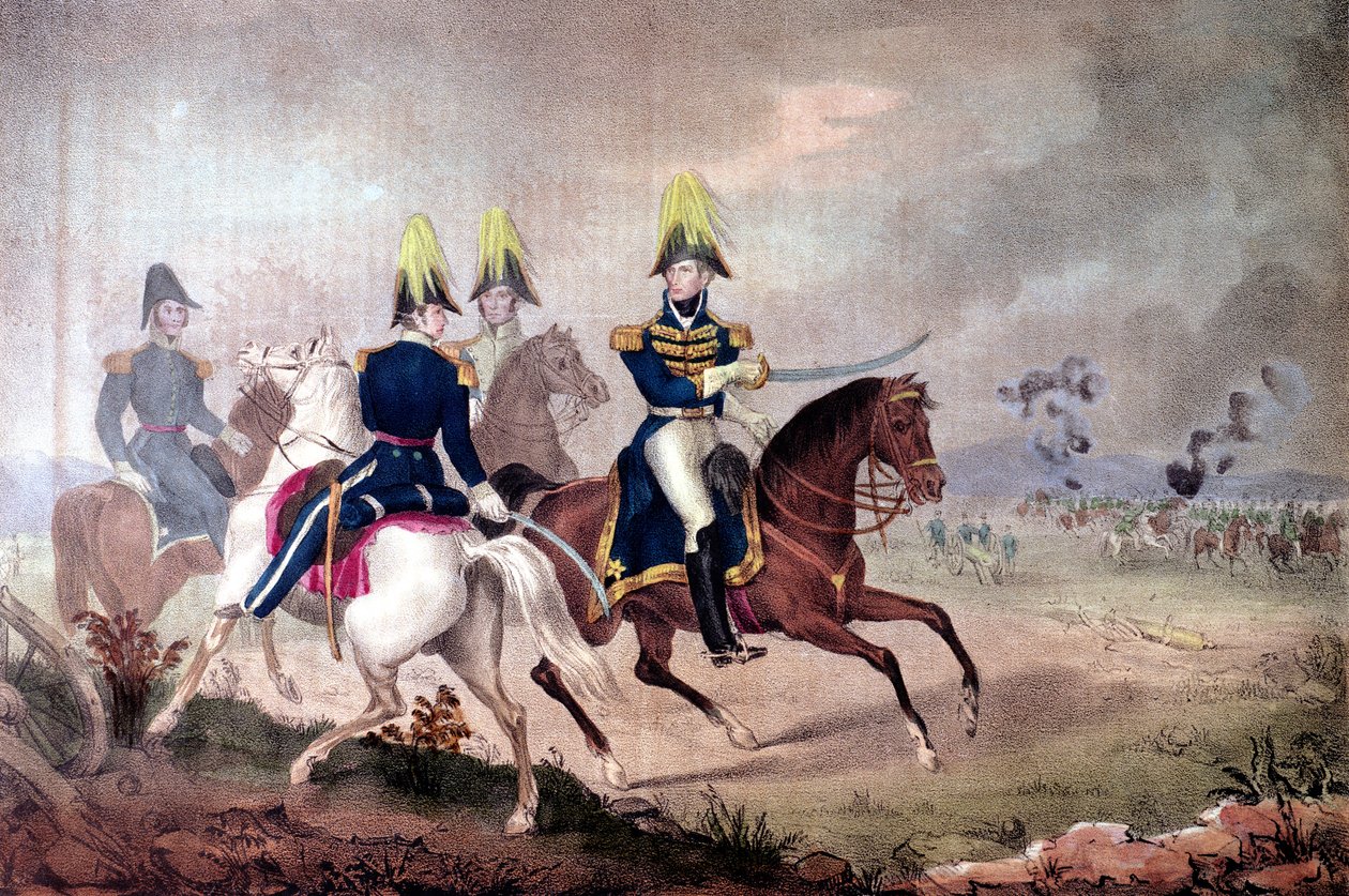 General William Henry Harrison (1773-1841) och personal vid slaget vid Themsen 1813 av American School