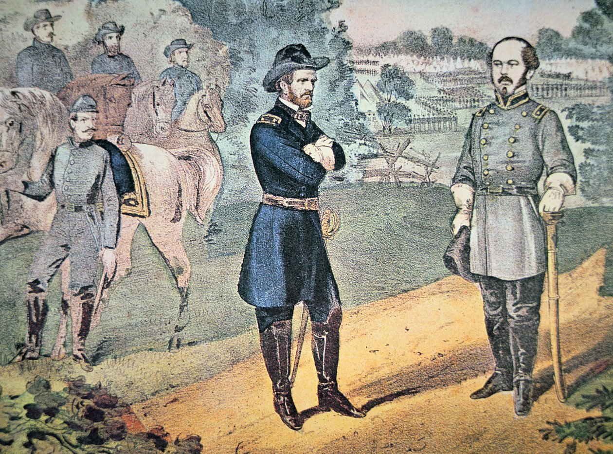 Generalerna Sherman och Johnson träffas för att arrangera överlämnandet av konfedererade styrkor i North Carolina 1865 (färg litho) av American School