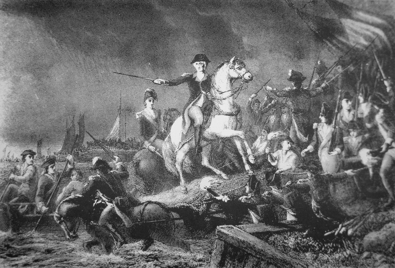 George Washington leder reträtten från Brooklyn Heights, 29 augusti 1776 (litho) av American School
