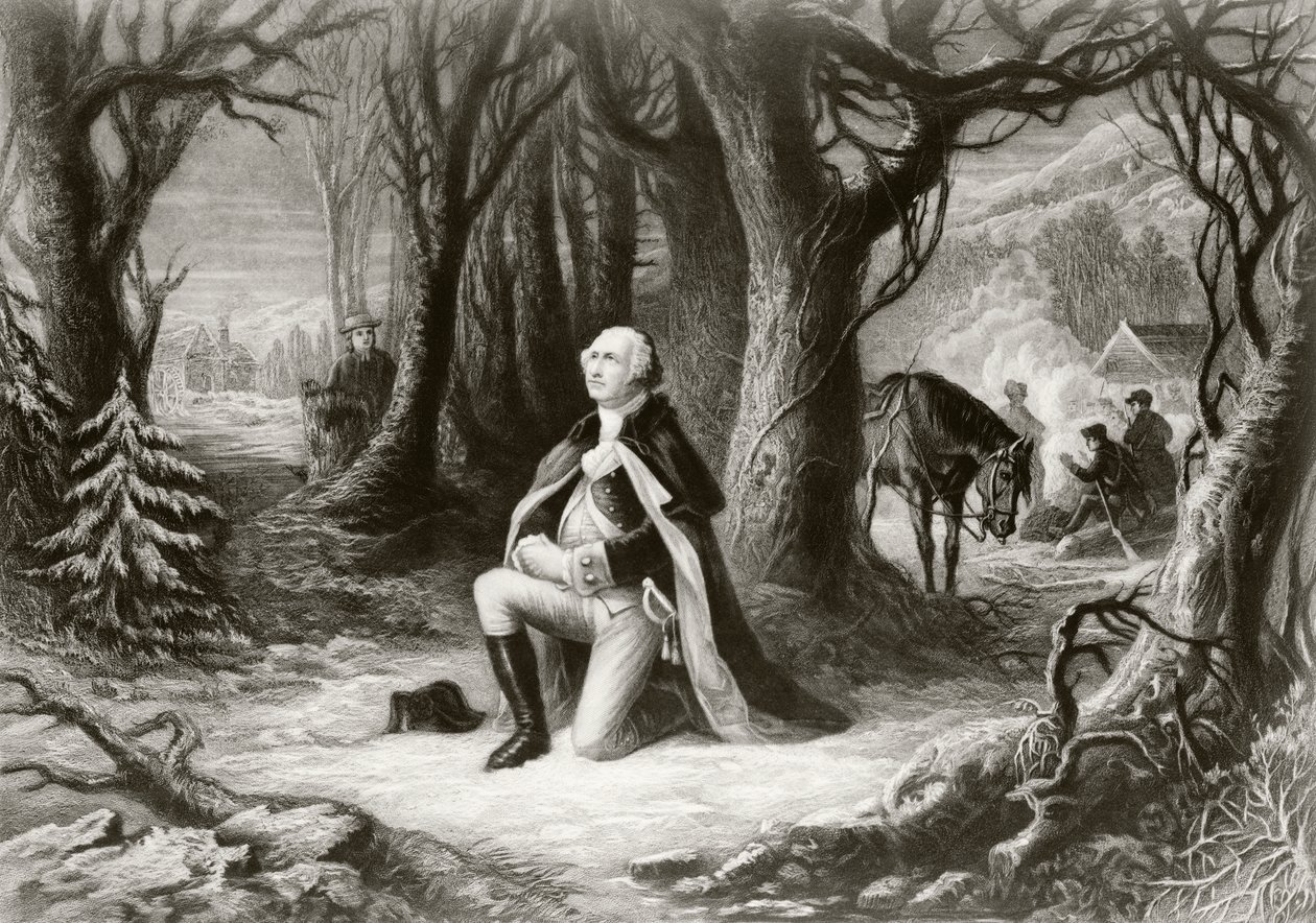 George Washington ber vid det amerikanska revolutionskrigets läger Valley Forge under vintern 1777-78, efter en målning av Henry Brueckner av American School