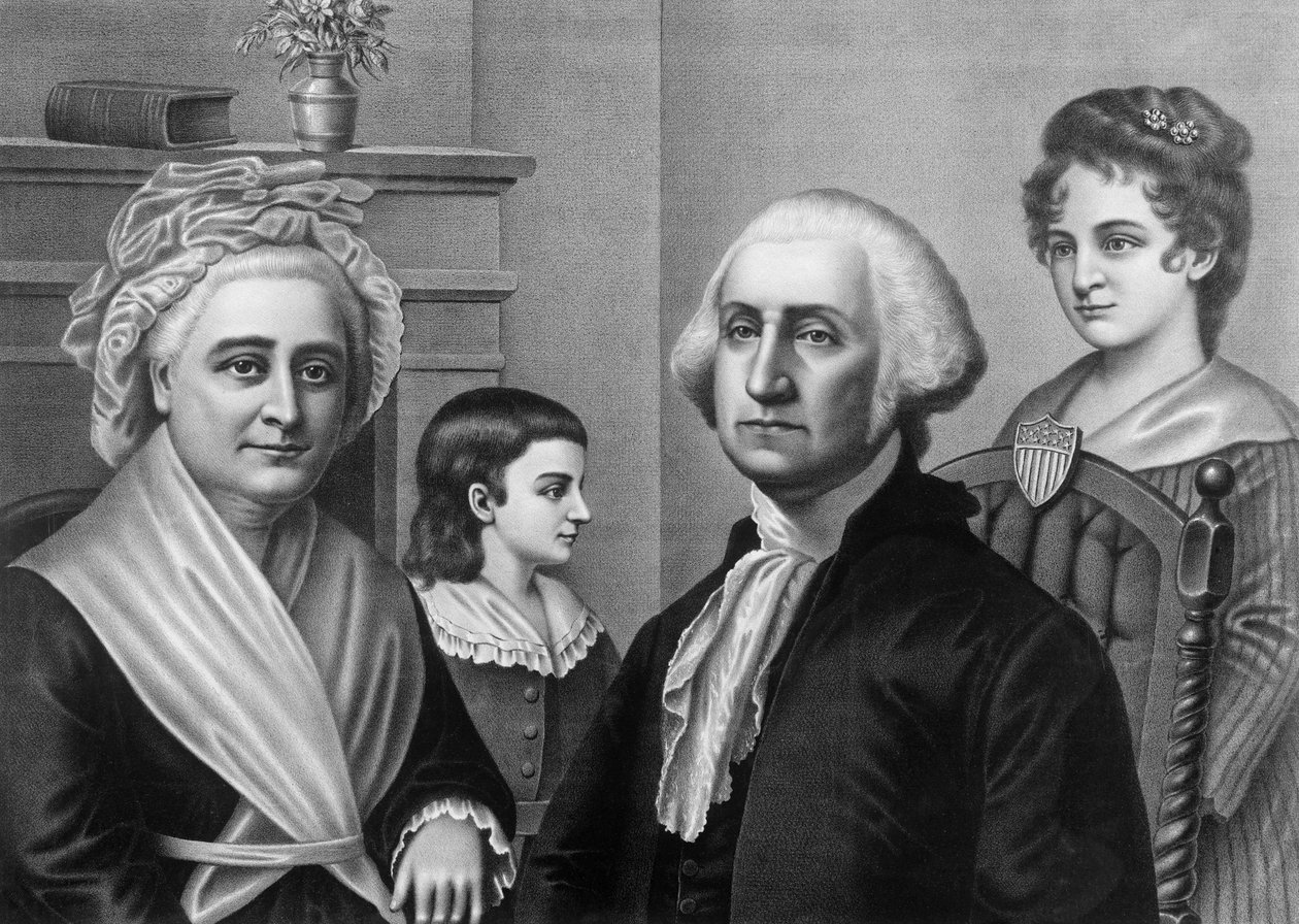 George Washington med sin fru Martha Washington och hans barn i Mount Vernon. Gravyr omkring 1880. av American School