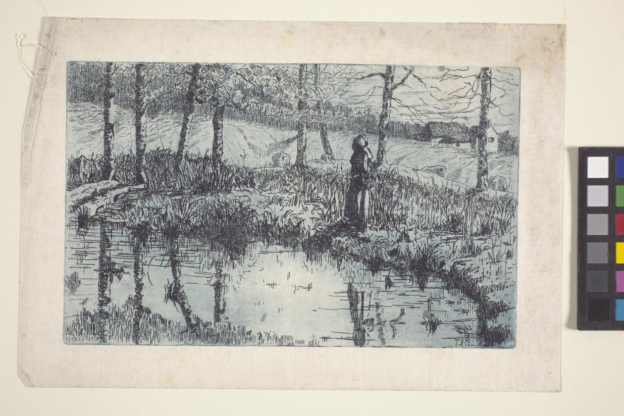 Girl By Pond (etsning och plåtton tryckt i blått) av American School
