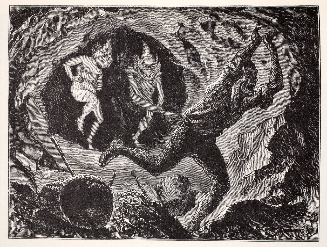 Gnomes Terrifying a Miner, från The World Guide to Gnomes, Fairies, Alves and Other Little People av Thomas Keightley (1789-1872) Publicerad 1880 av American School