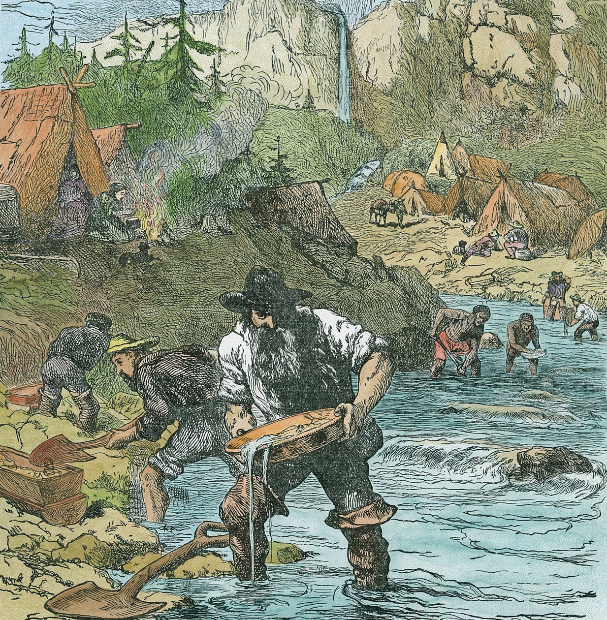 Guldtvätt i Kalifornien, från en bokpub. 1896 (handfärgad gravyr) av American School