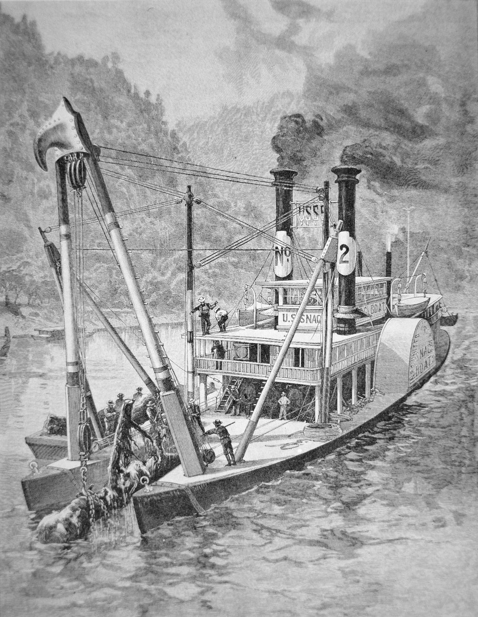 Regeringens snagboat tar bort stockar eller snacks från Mississippi, ca 1870 (gravyr) av American School