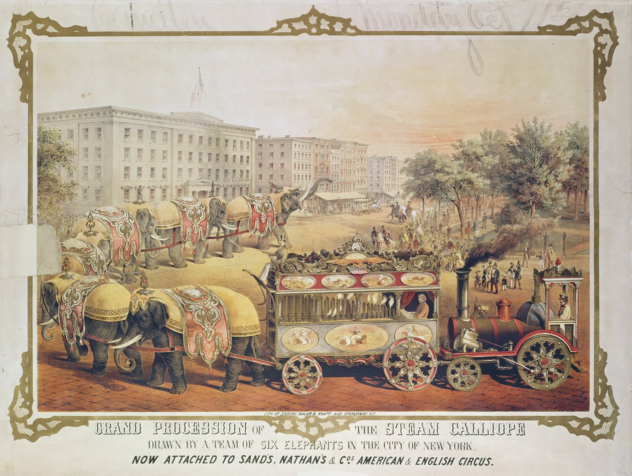 Stor procession av Steam Calliope ritad av ett lag på sex elefanter i staden New York, 1857 av American School