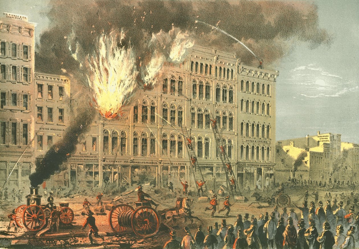 Great Fire on Lake Street, från Chicago Illustrated, med litterära beskrivningar av James W. Sheahan, publicerad av Jevne & Almini, Chicago, 1866-67 av American School