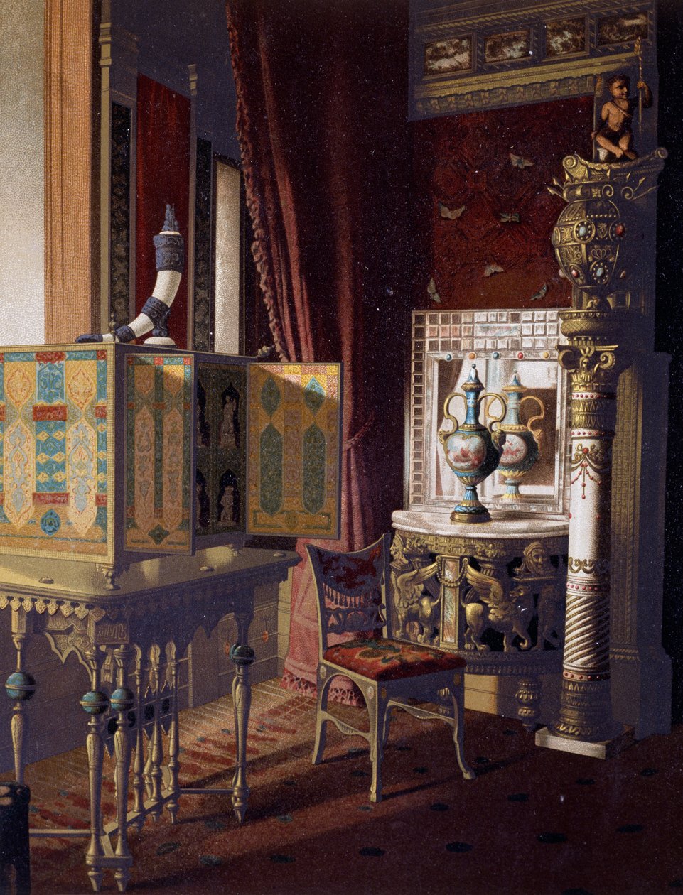 Stora salen, Van der Bilt Hotel i New York, Sovrum, Ca 1840, Färggravyr av American School