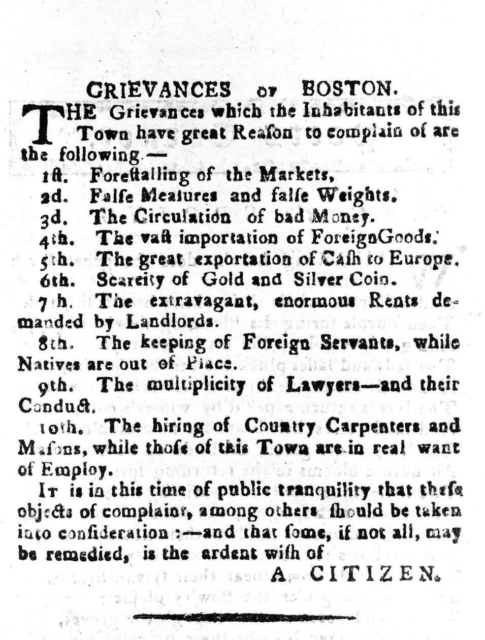 Grievances of Boston, brev publicerat i Boston Gazette, 4 april 1786 (tryckt) av American School