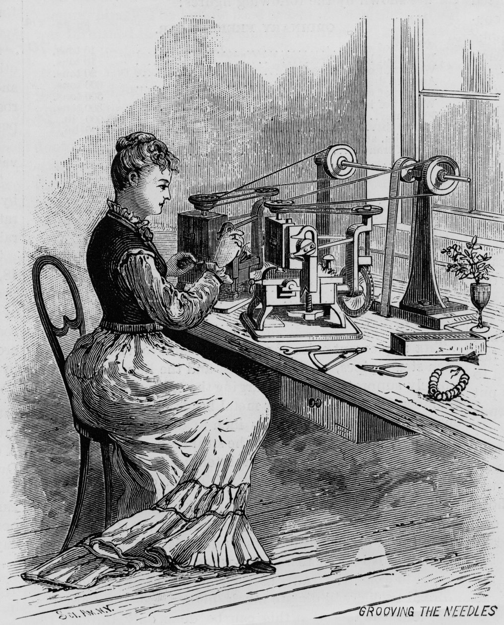 Grooving the Needles, illustration som visar tillverkning av symaskiner från tidskriften Scientific American, 1879 av American School