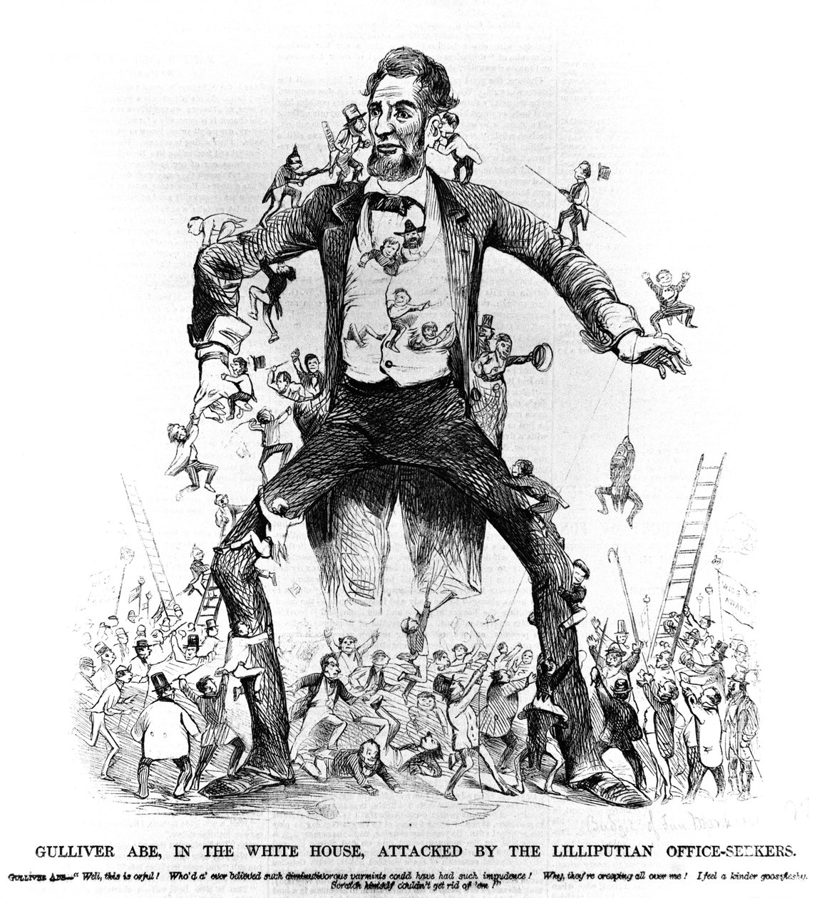 Gulliver Abe, i Vita huset, attackerad av Lilliputian Office-Seekers, från Frank Leslies Budget of Fun, 15 mars 1861 av American School