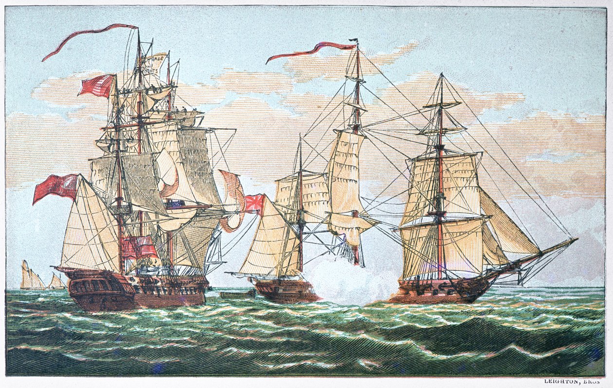 HMS Shannon vs den amerikanska Chesapeake 1813 under kriget 1812 (färg litho) av American School