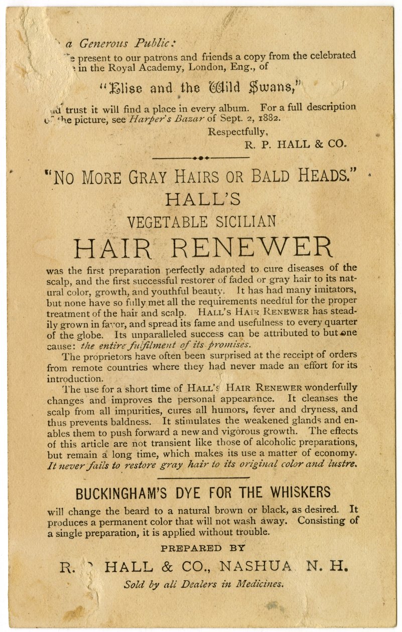 Halls Vegetable Sicilian Hair Renewer, återställer grått hår till sin ursprungliga färg och förhindrar håravfall. Verso, (litografi [handelskort]) av American School