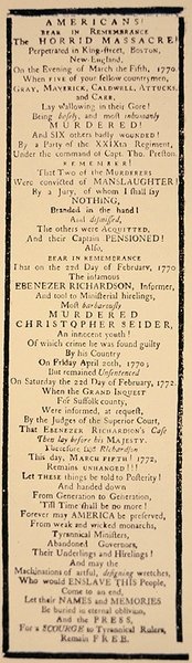 Handbill kommenterar frikännandet av kapten Preston och sex soldater efter deras rättegång i oktober 1771 (litho) av American School