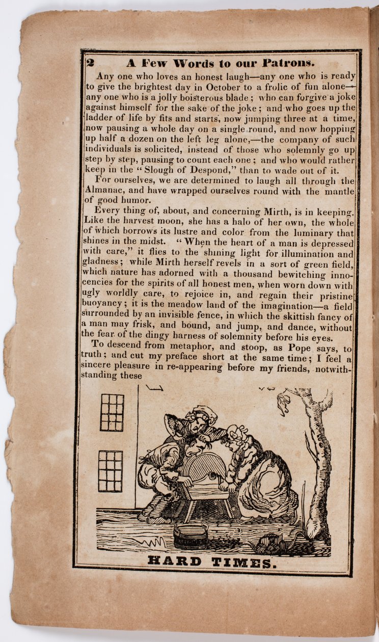 Hard Times, sida 2 från The American Comic Almanac för 1838 av American School