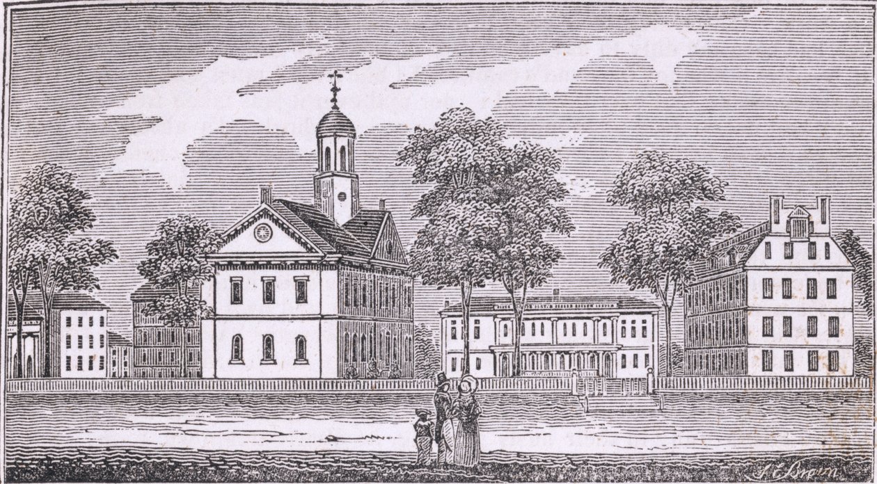 Harvard University, Cambridge, från "Historical Collections of Massachusetts", av John Warner Barber, 1839. av American School