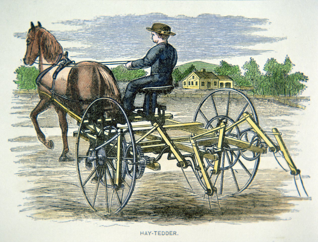 Jordbruksmaskin för hövändare, ca 1880 (färgad gravyr) av American School