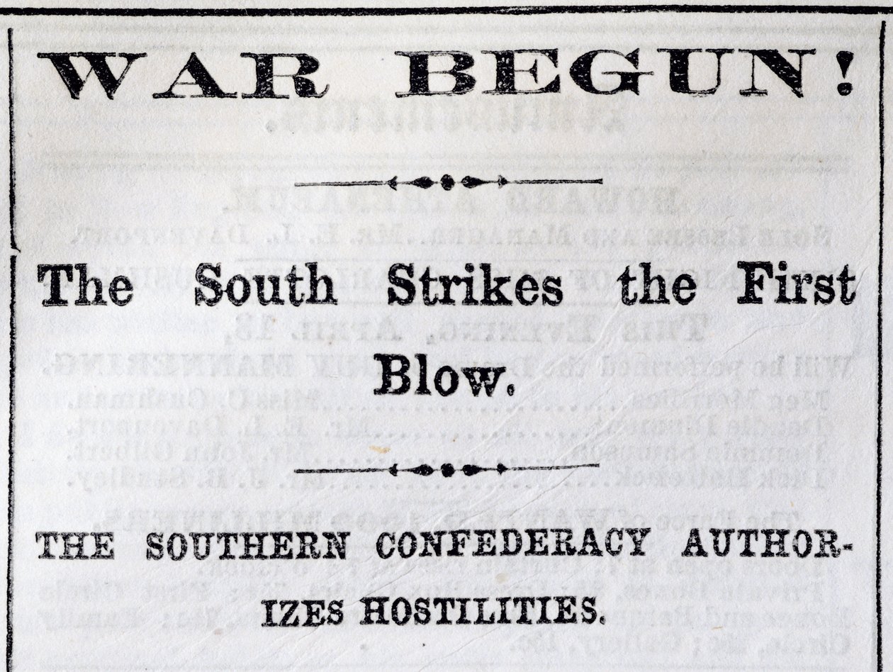 Rubrik från Boston Evening Transcript som tillkännager början av inbördeskriget, 13 april 1861 (tidningspapper) av American School