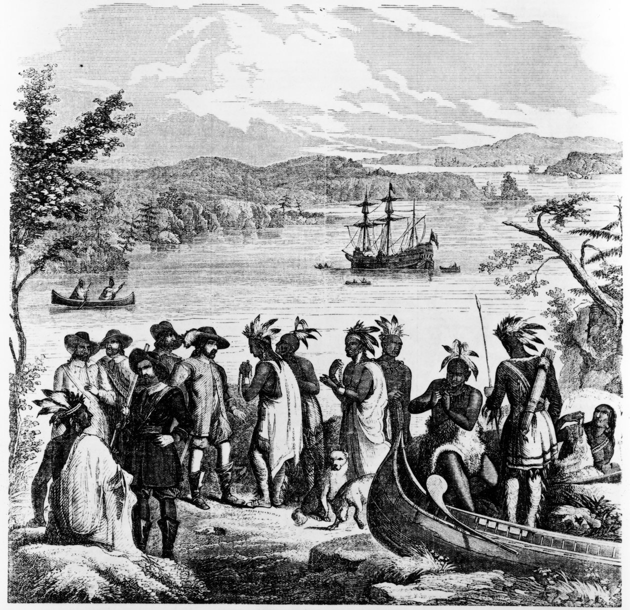 Henry Hudson på väg nerför Hudsonfloden, illustration från Ballou