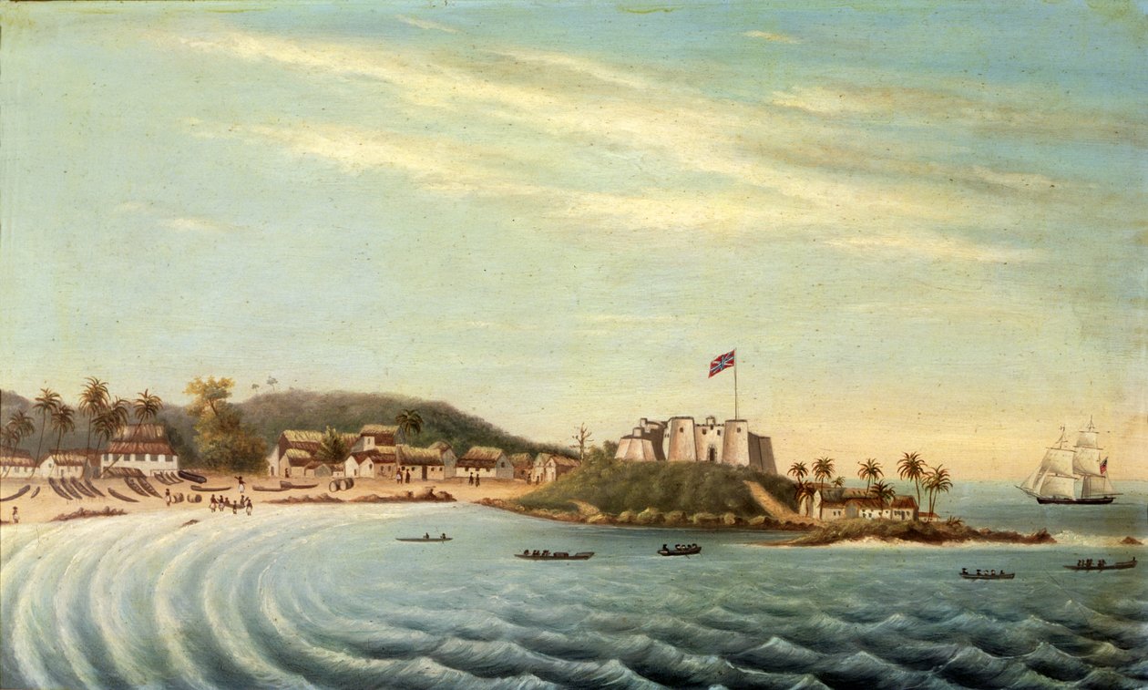 "Herald" Brig som går in i Dixcove, Gold Coast, Afrika (olja på duk) av American School