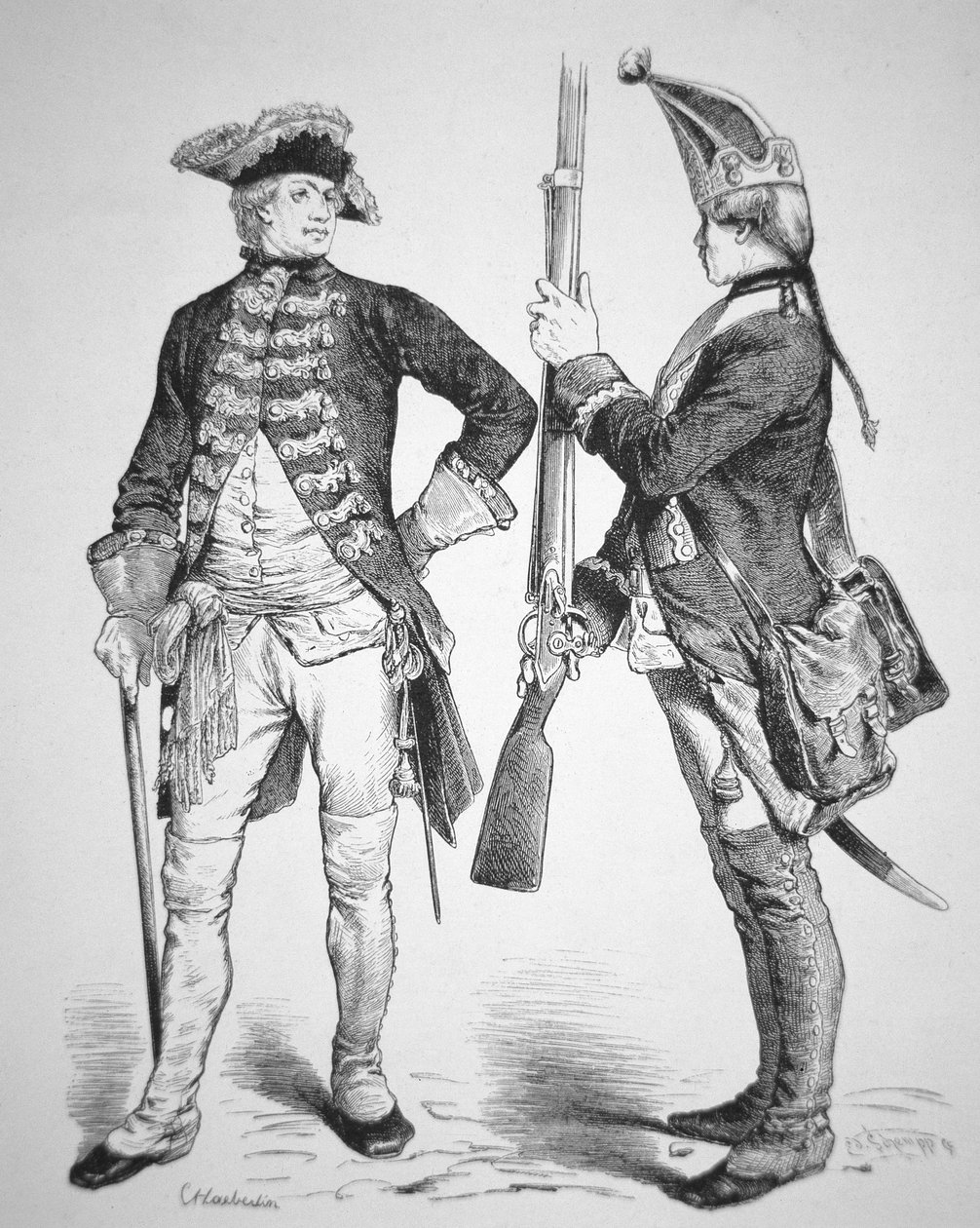 Hessiska soldater från 1770, i sina uniformer från det amerikanska revolutionskriget (gravyr) av American School