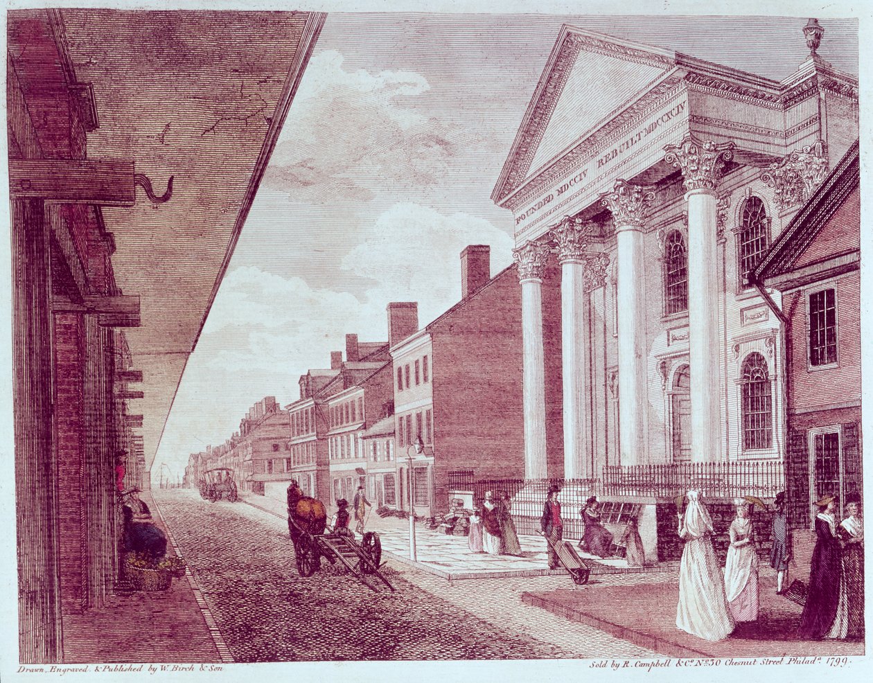 High street med den första Presbyterian Church, Philadelphia, 1799 av American School