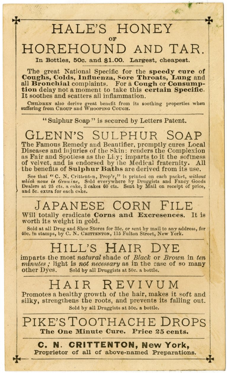 Hills Hair & Whisker Dye, Best Ever Invented, C.N. Crittenton, Proprietor, New York, Trade card, verso (litho [trade card]) av American School