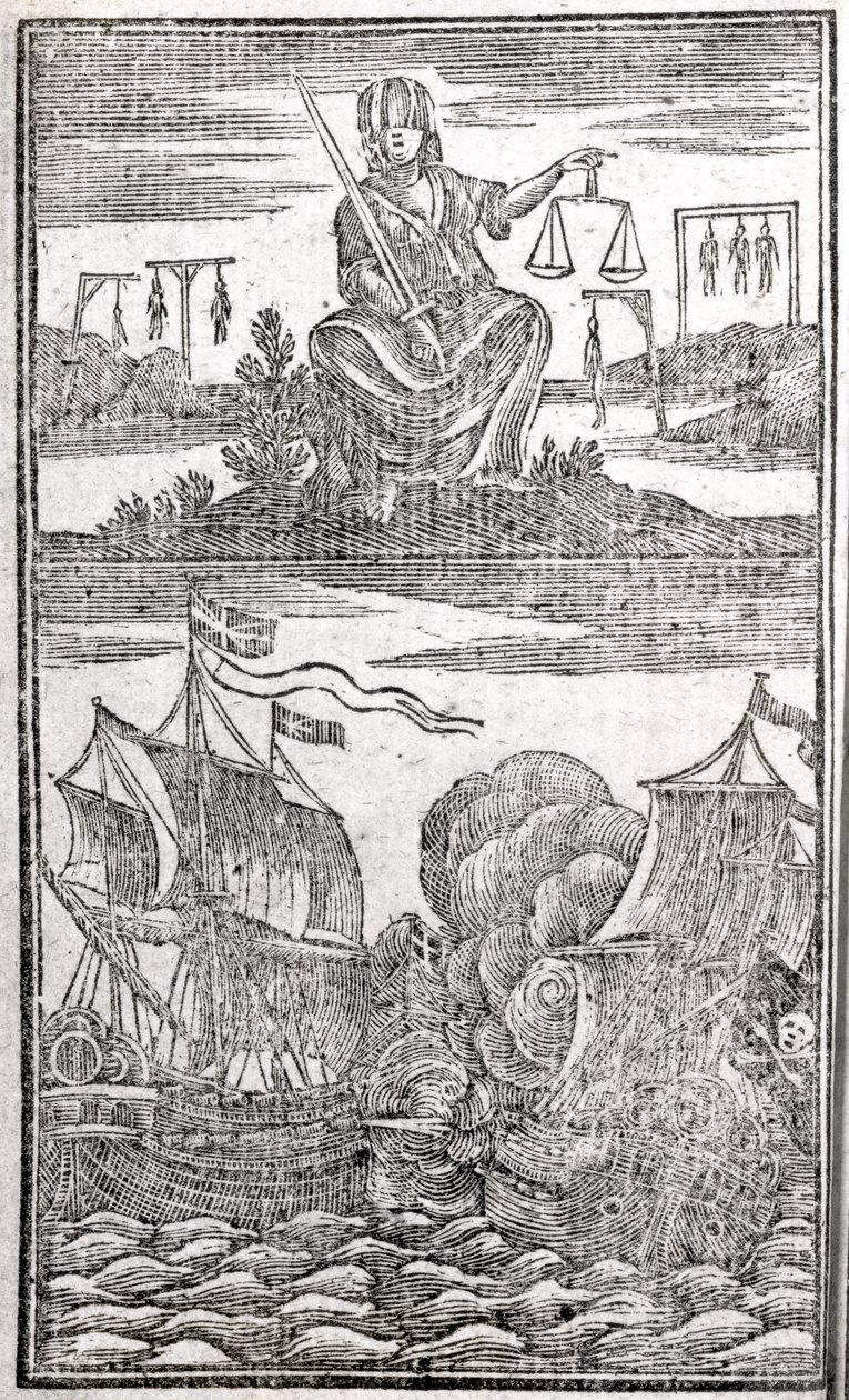 Historia och liv för alla de mest beryktade piraterna och deras besättningar, frontispice, London, 1725 av American School