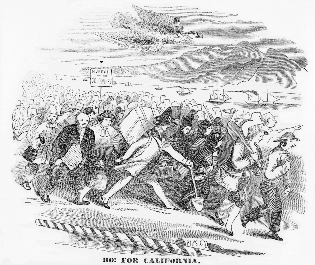 Hej! för Kalifornien, illustration från New York Atlas, 14 januari 1849 av American School