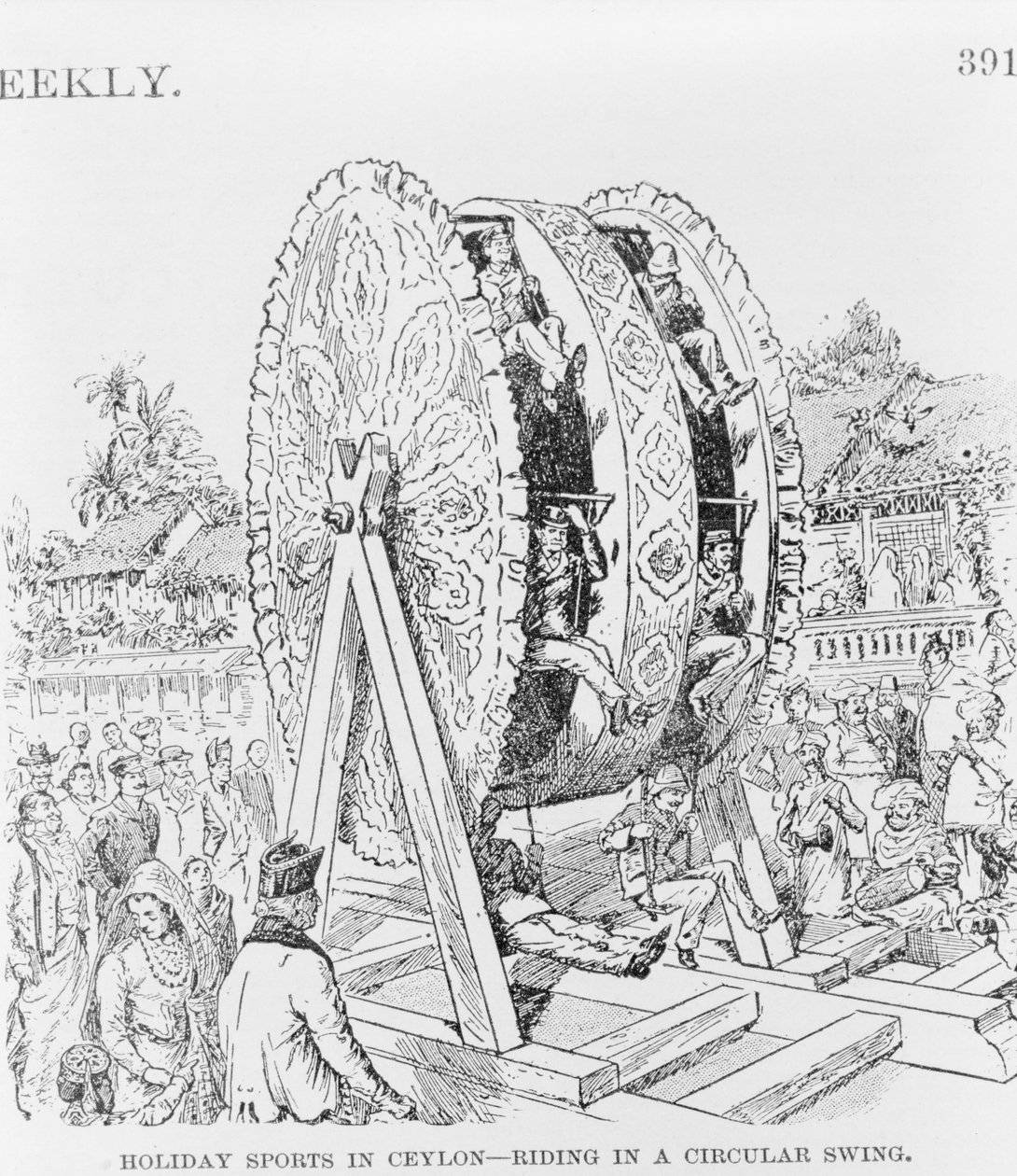 Holiday Sports in Ceylon, ridning i ett cirkulärt hjul, ca 1893 (illustration) av American School