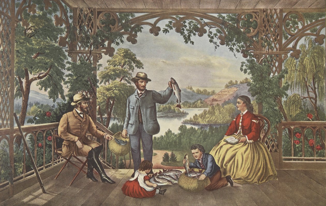 Hem från bäcken, The Lucky Fisherman, pub. 1867, Currier & Ives av American School