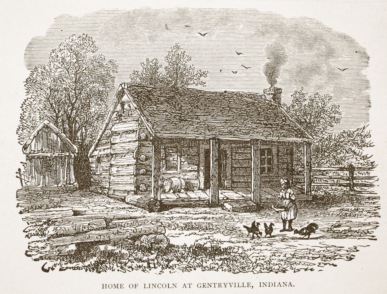 Lincolns hem i Gentryville, Indiana, från en bokpub. 1896 av American School