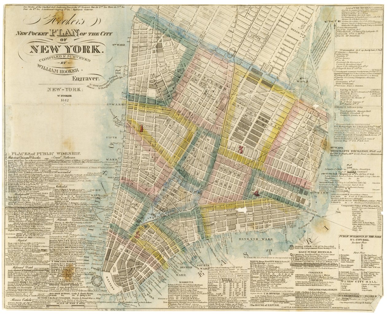 Hookers nya fickplan över staden New York, sammanställd och undersökt av William Hooker, 1842 av American School