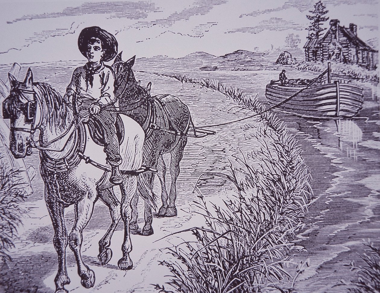 Hästar som drar kanalbåt på dragbana, Erie Canal (gravyr) av American School