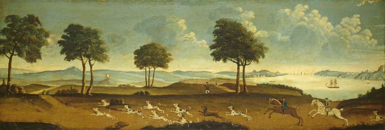 Jaktscen med hamn, 1700-tal av American School