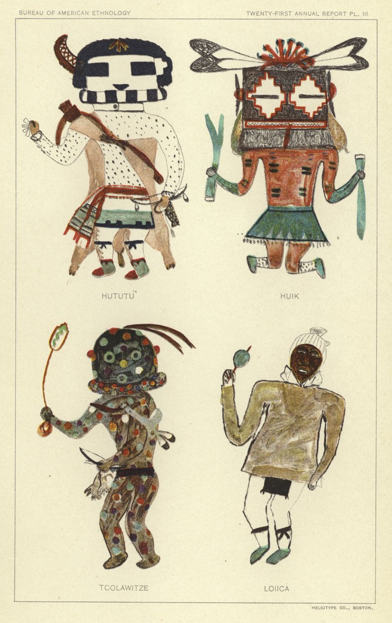 Hututu, Huik, Tcolawitze, Loiica (färglitografi) av American School