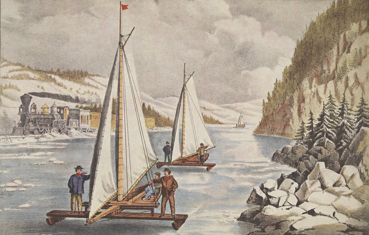 Ice-Boat Race på Hudson, pub. C. 1855, Currier & Ives av American School