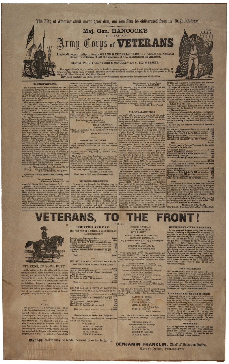 Illustrerad Philadelphia rekryteringsaffisch för generalmajor Hancocks First Army Corps of Veterans inklusive Union man and Woman., februari 1865 av American School