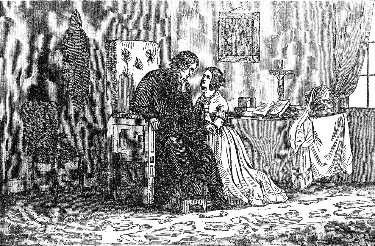 Illustration från en anti-katolsk broschyr som visar en ung kvinna som förförs av en präst av American School