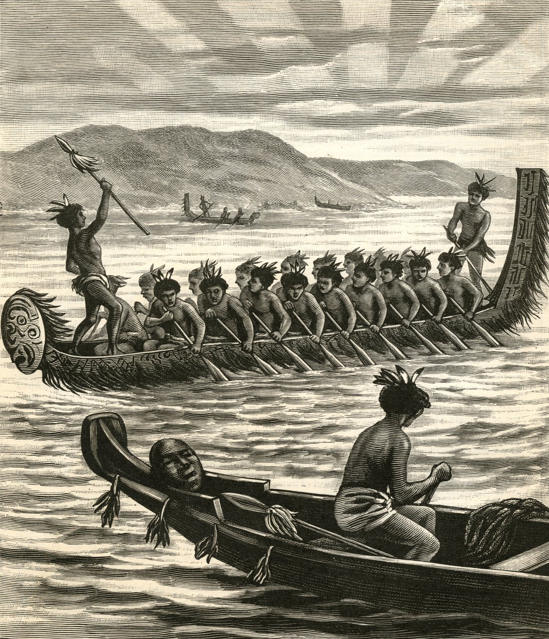 Illustration av maorikrigare i kanoter av American School