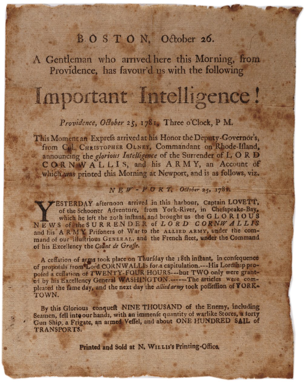Viktig intelligens! (tillkännager överlämnandet av Cornwallis i Yorktown), liten bredsida tryckt av M. Willis, Boston, 26 oktober 1781 av American School
