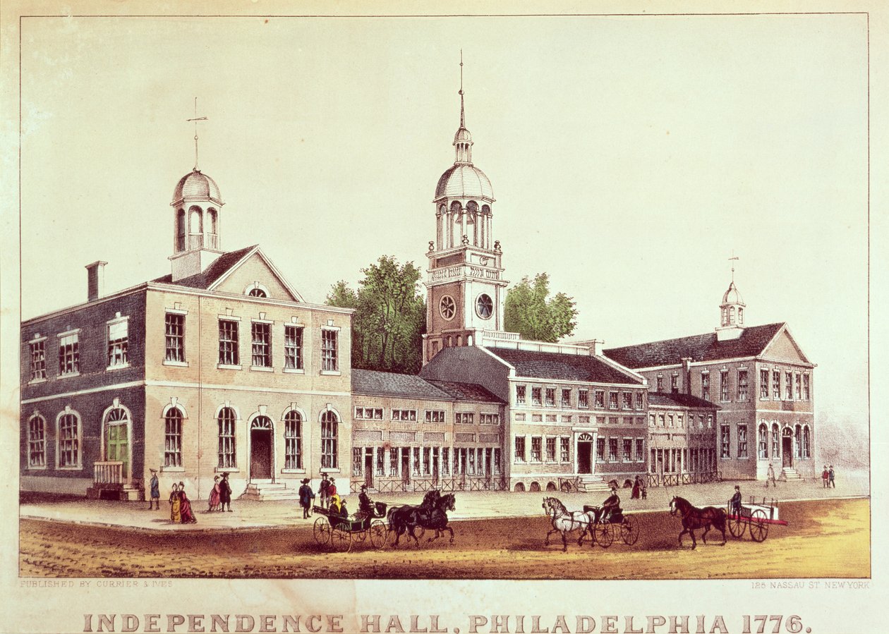 Independence Hall, Philadelphia, 1776, publicerad av Nathaniel Currier (1813-88) och James Merritt Ives (1824-95) av American School
