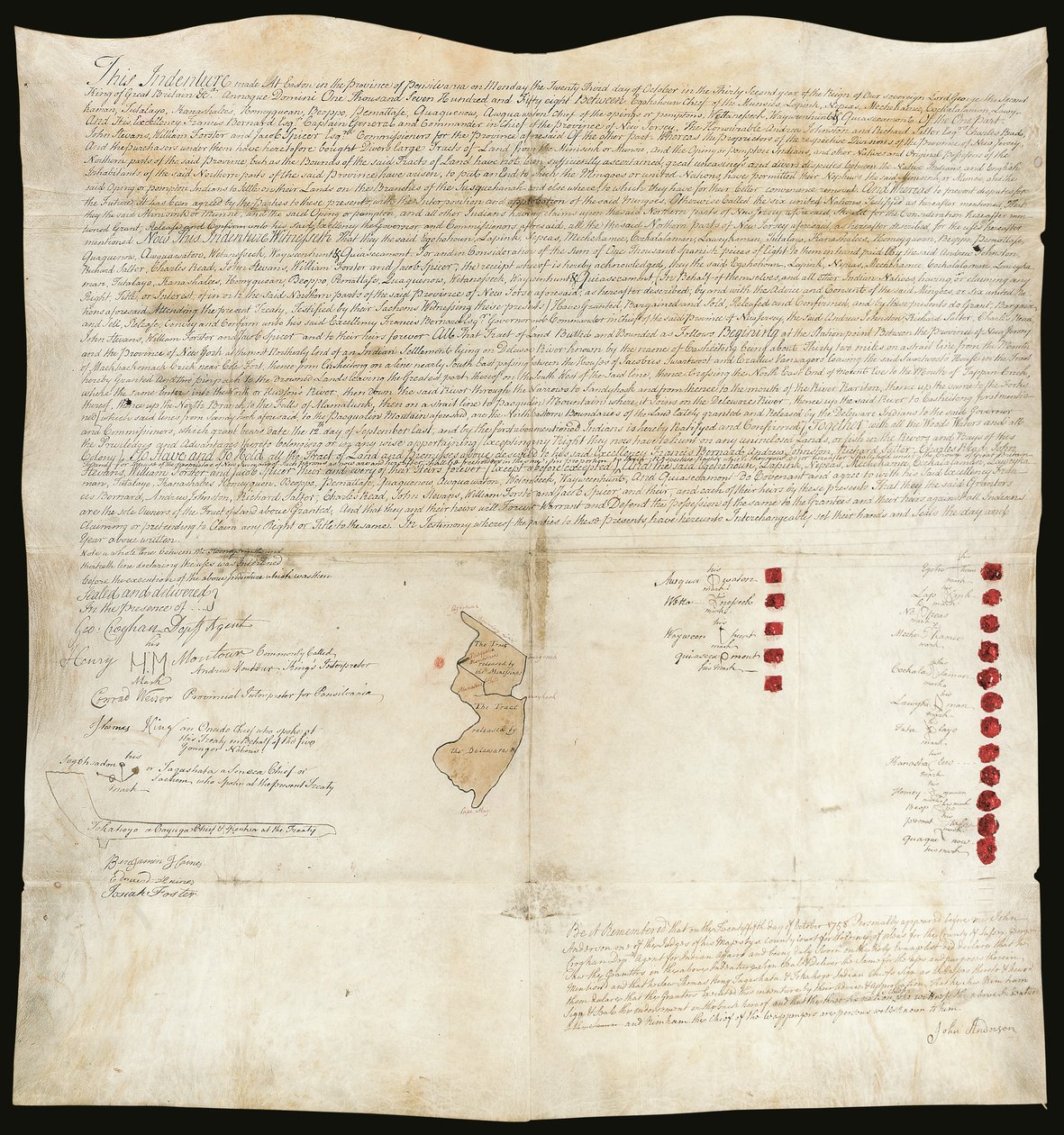 Indian Treaty, Easton Conference, Pennsylvania, 23 oktober 1758 (penna  bläck med vax på pergament) av American School
