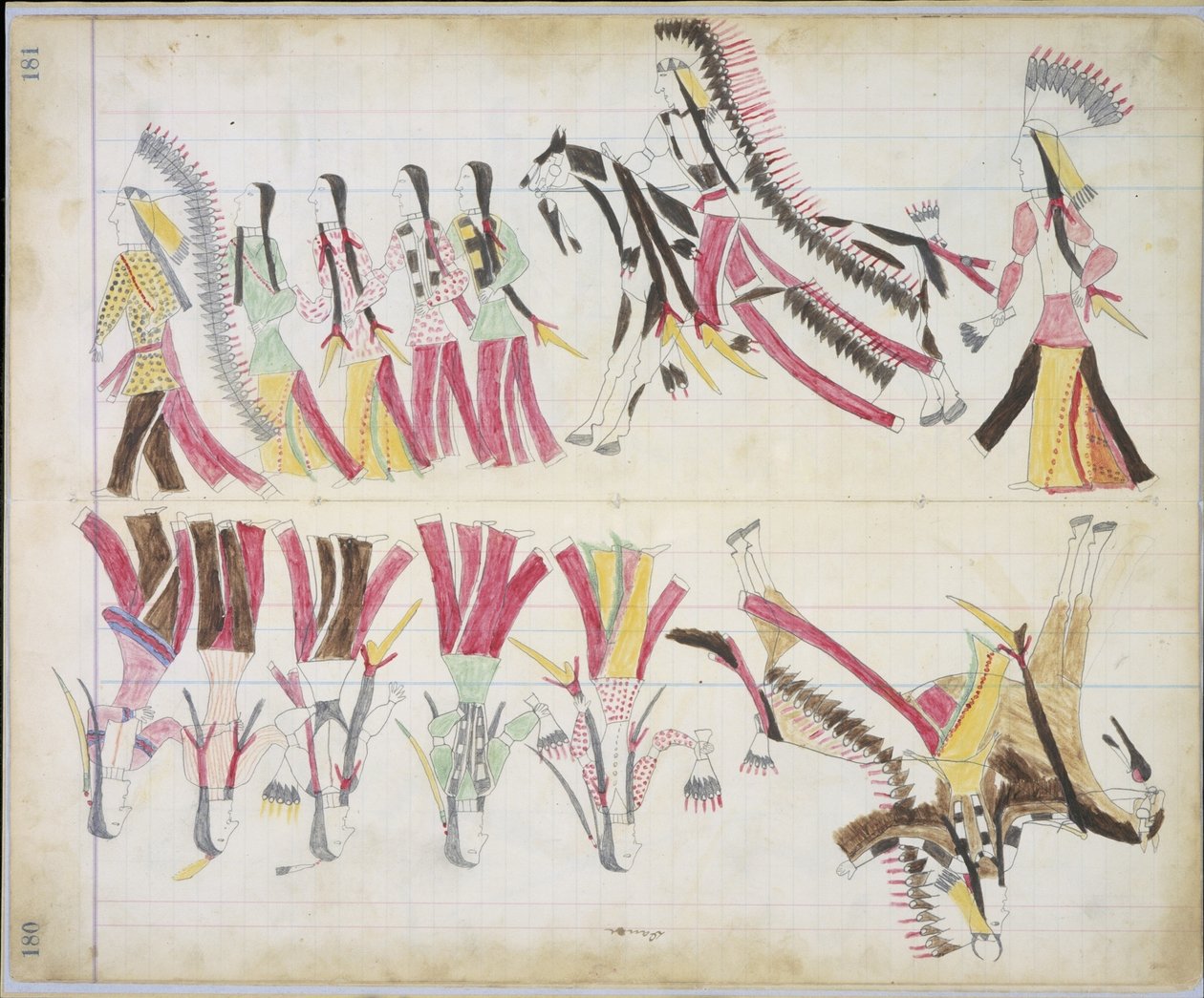 Indisk dans, illustration från Black Horse Ledger, 1877-79 (penna och krita på papper) av American School