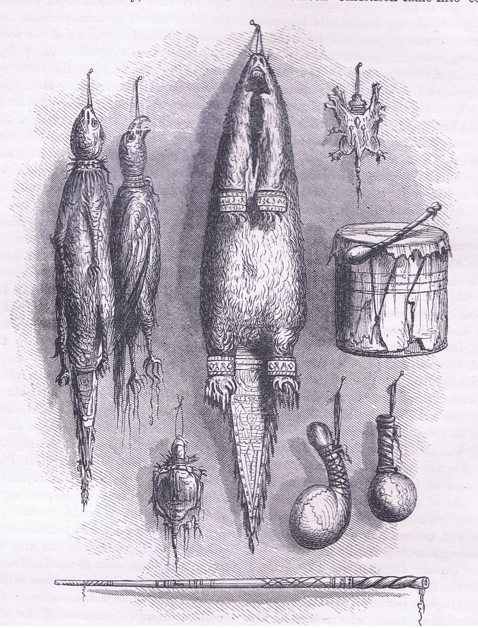 Indisk medicinväska, mystisk visselpipa, strider och trumma 1661, illustration från Cassell
