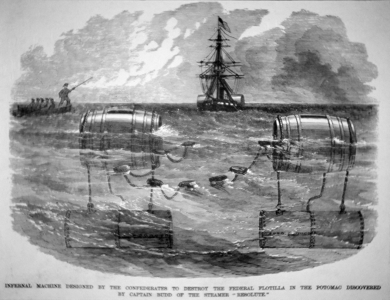 Infernal Machine designad av Confederates för att förstöra Federal Flotilla i Potomac (gravyr) av American School