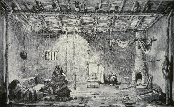 Interiör av ett Pueblo-hus, ca 1880 (gravyr) av American School