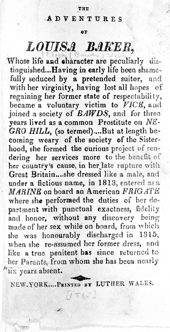 Introduktionssida till The Adventures of Louisa Baker tryckt av Luther Wales, New York, 1815 av American School