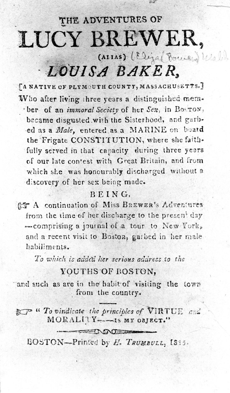 Introduktionssida till The Adventures of Lucy Brewer tryckt av H. Trumbull, Boston, 1815 av American School